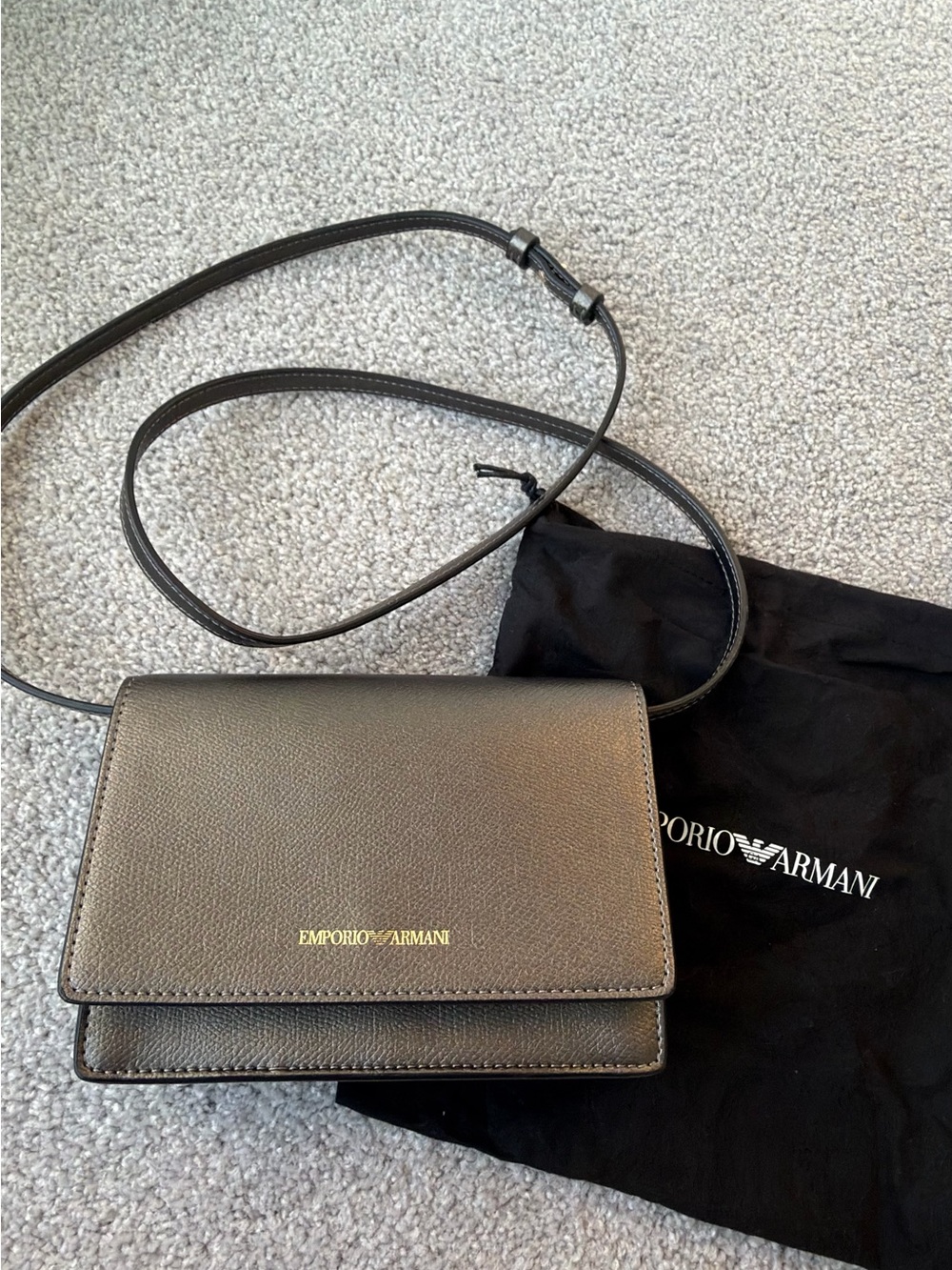 Emporio Armani Black Saffiano Leather Crossbody with Gold Logo